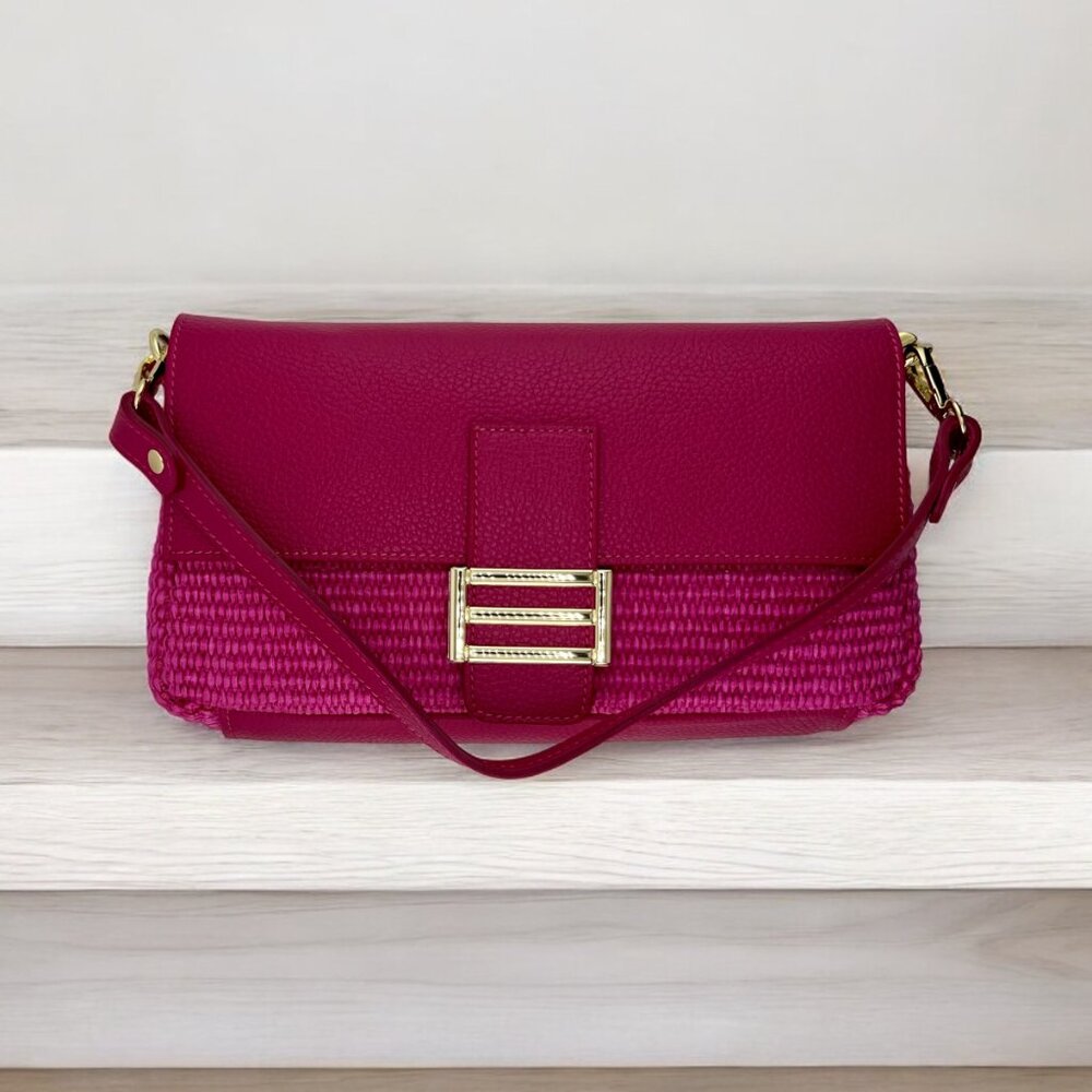 Italian Leather and Raffia Clutch in Fuchsia